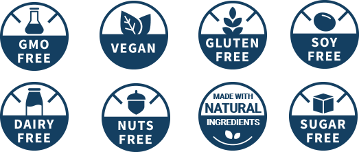 Eight circular product badges indicating various dietary and ingredient attributes: GMO Free, Vegan, Gluten Free, Soy Free, Dairy Free, Nuts Free, Made with Natural Ingredients, and Sugar Free.